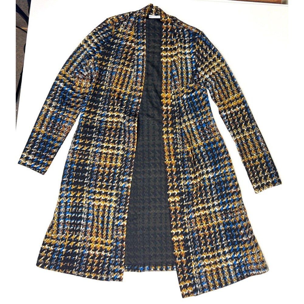 Susan Graver Womens XXS Long Knit Duster Cardigan Houndstooth Stretch Pockets